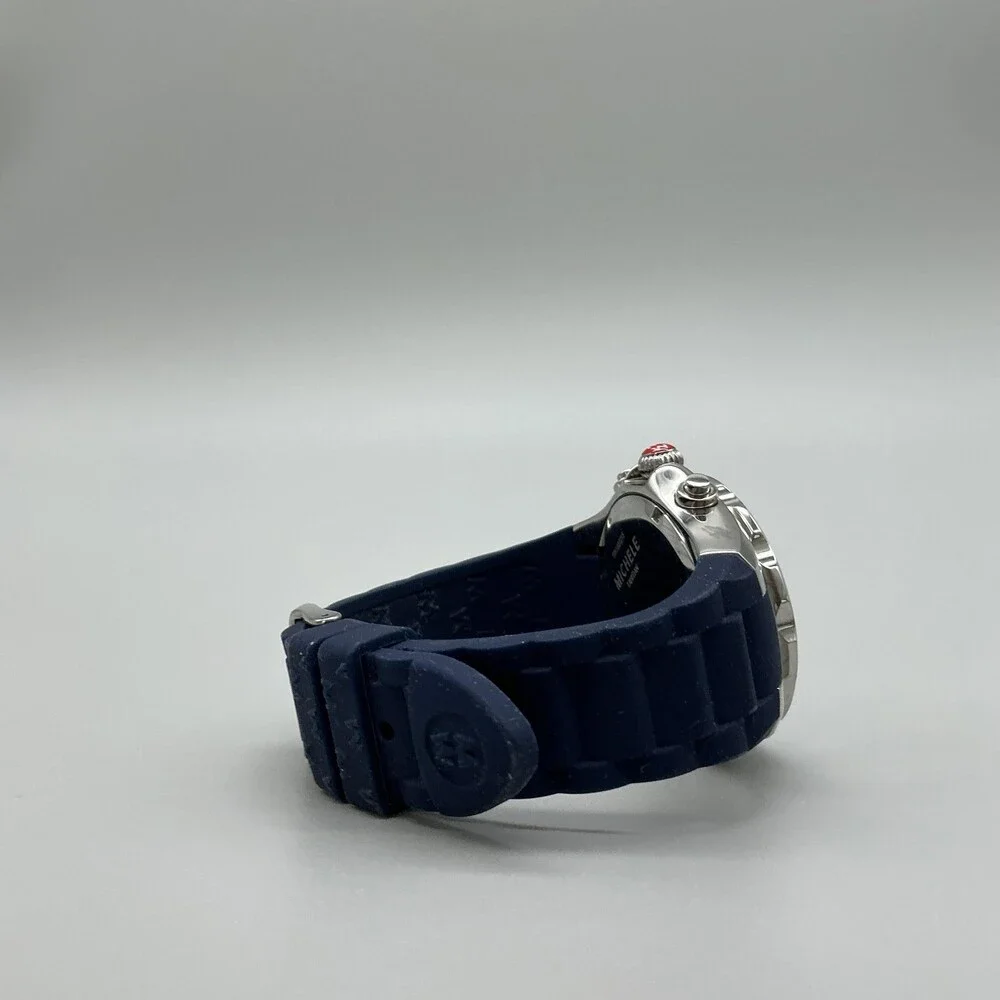 Michele Tahitian Womens Watch 41mm Silver Tone Chrono Blue Rubber New Battery